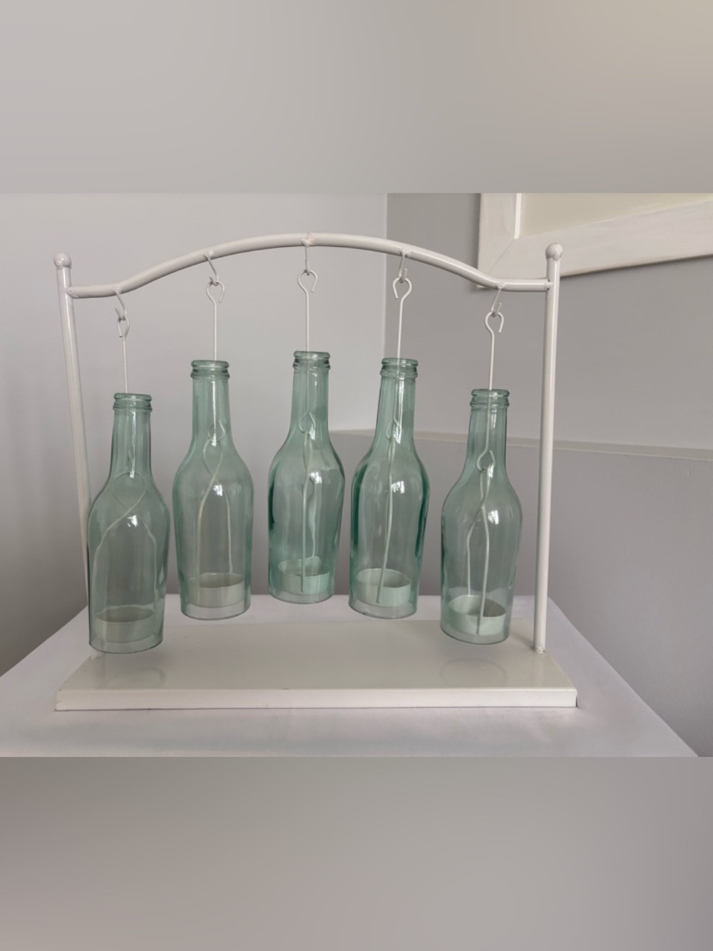 Pier 1 tea light Hanging Glass Bottle candle Holders - Seafoam Green
